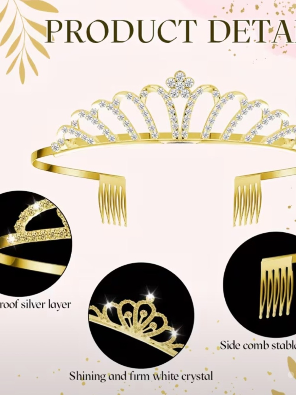 Gold Crystal Bridal Tiara Headband with Side Combs
